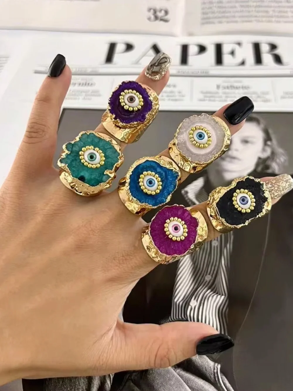 New! Black Synthetic Geode Agate Druzy Gold Plated Evil Eye Statement Ring